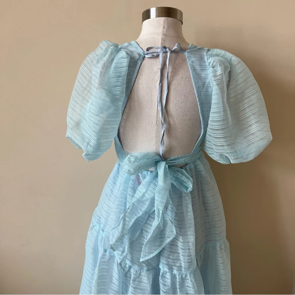 New! Free People Hailey puff sleeve dress sub zero blue organza 13213_8